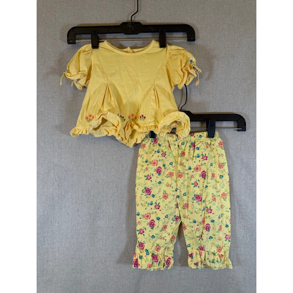 Vintage Sesame Street Big Bird Girls Yellow Floral Embroidered Top Pant Set 12M